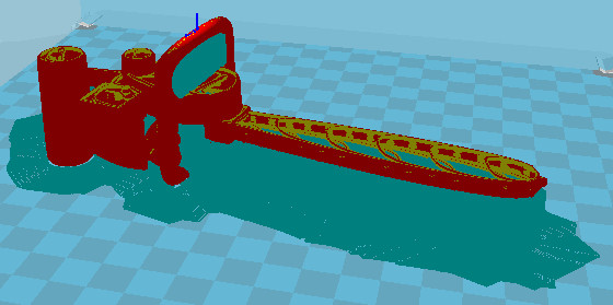 Supporting structures created for the chainsaw model in the CURA software.